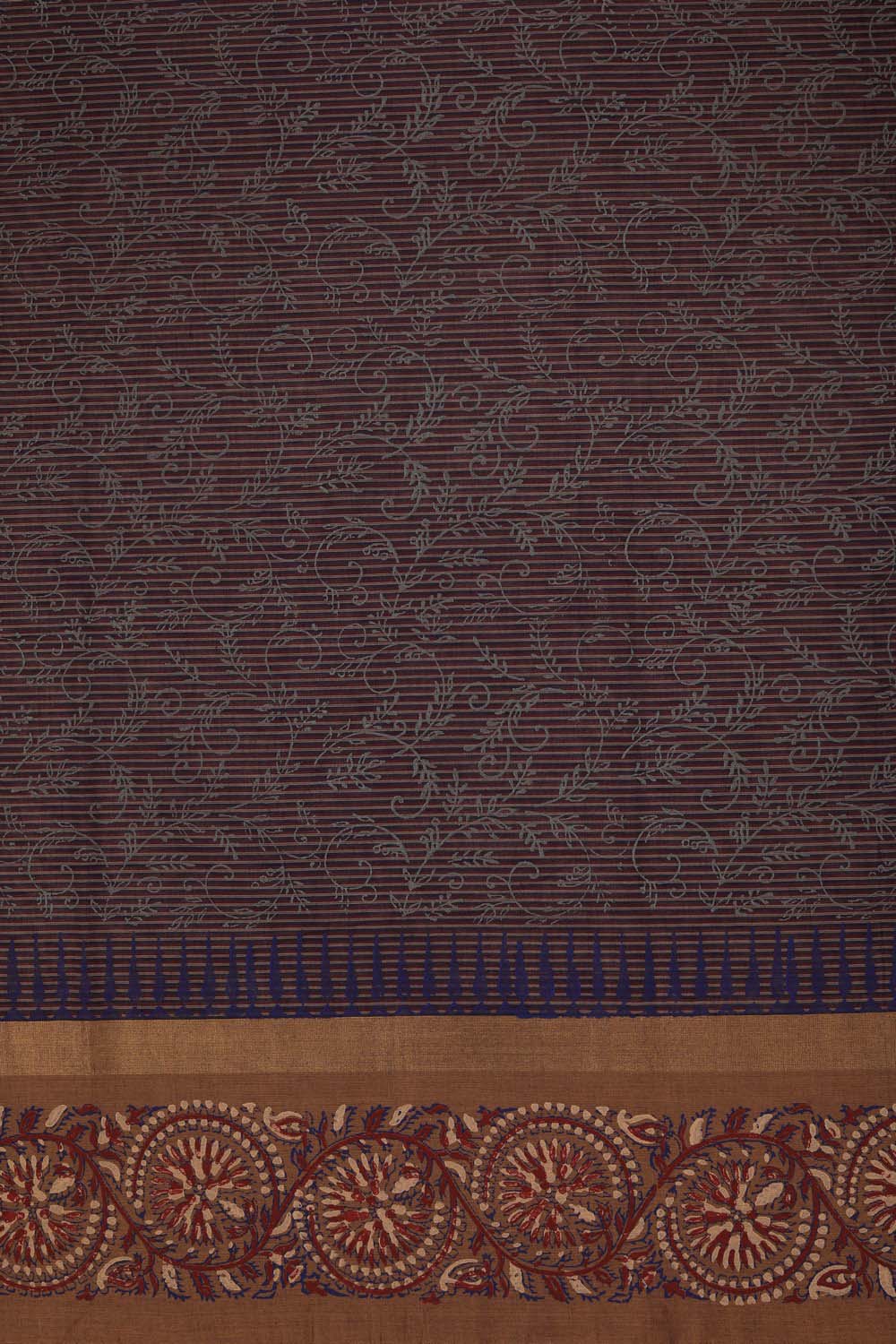 Image of Dark blue single floral block printed south cotton saree