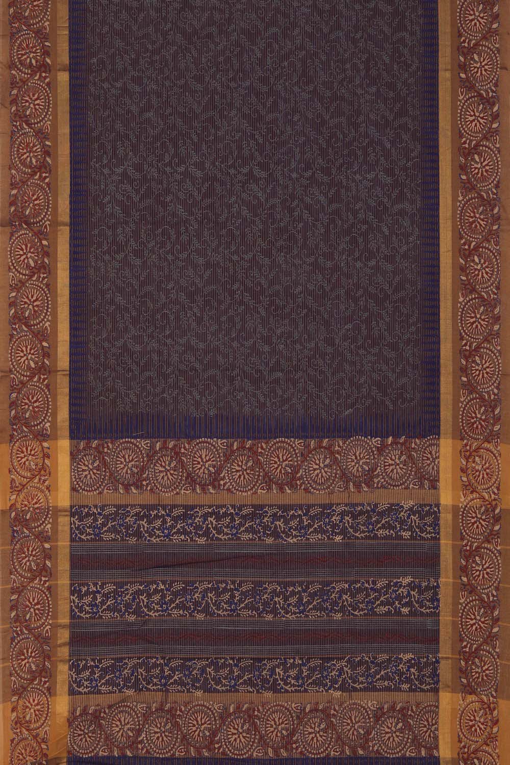 Image of Dark blue single floral block printed south cotton saree