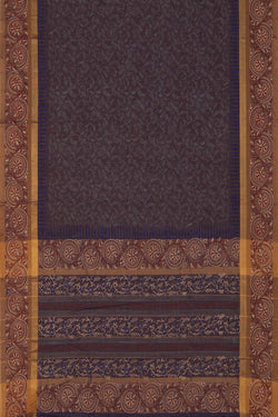 Image of Dark blue single floral block printed south cotton saree