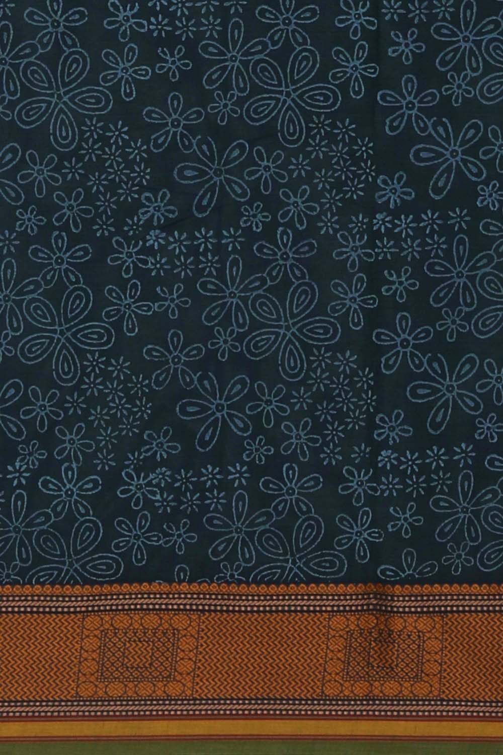 Image of Blue block printed south cotton saree