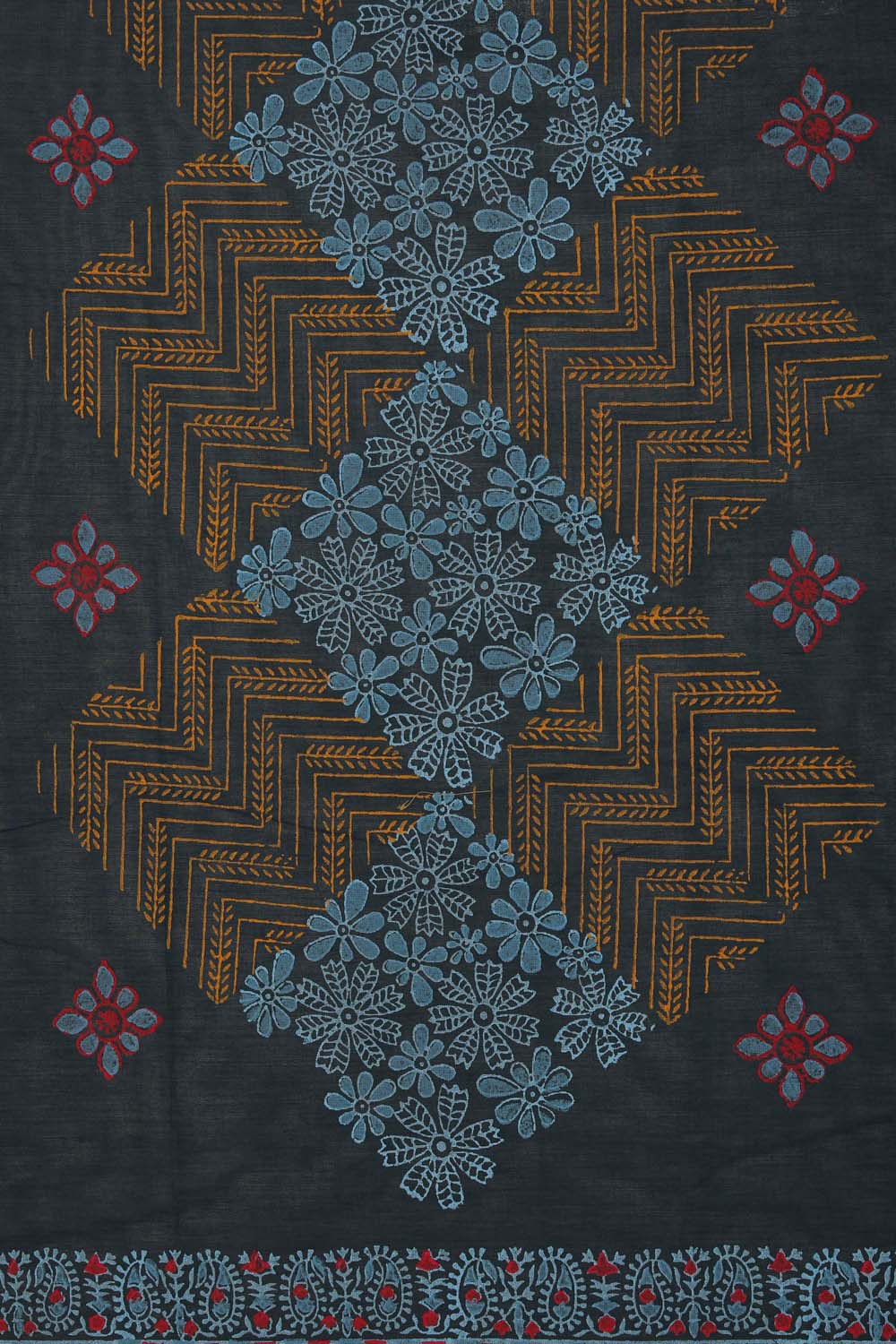 Image of Blue block printed south cotton saree