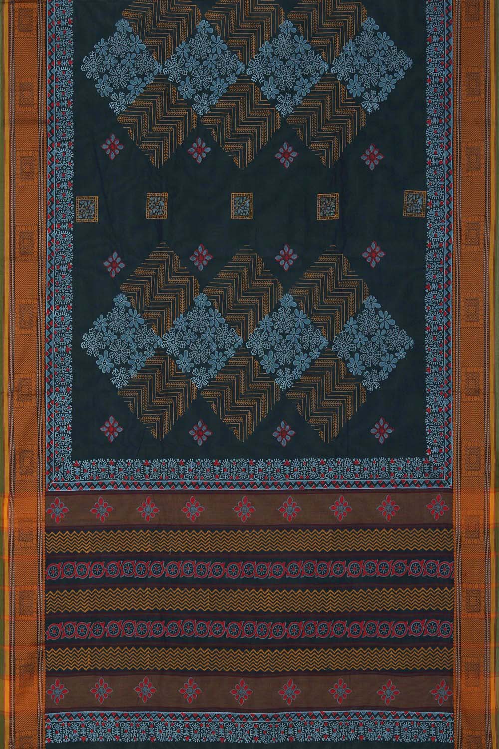 Blue block printed south cotton saree