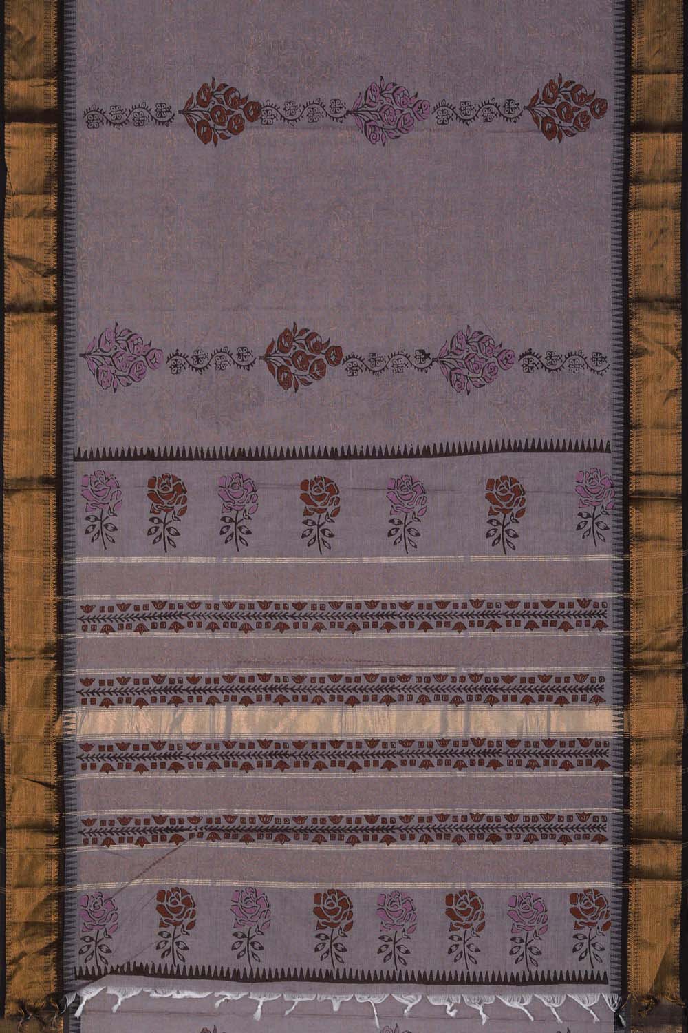 Image of Smokey grape block printed south cotton saree
