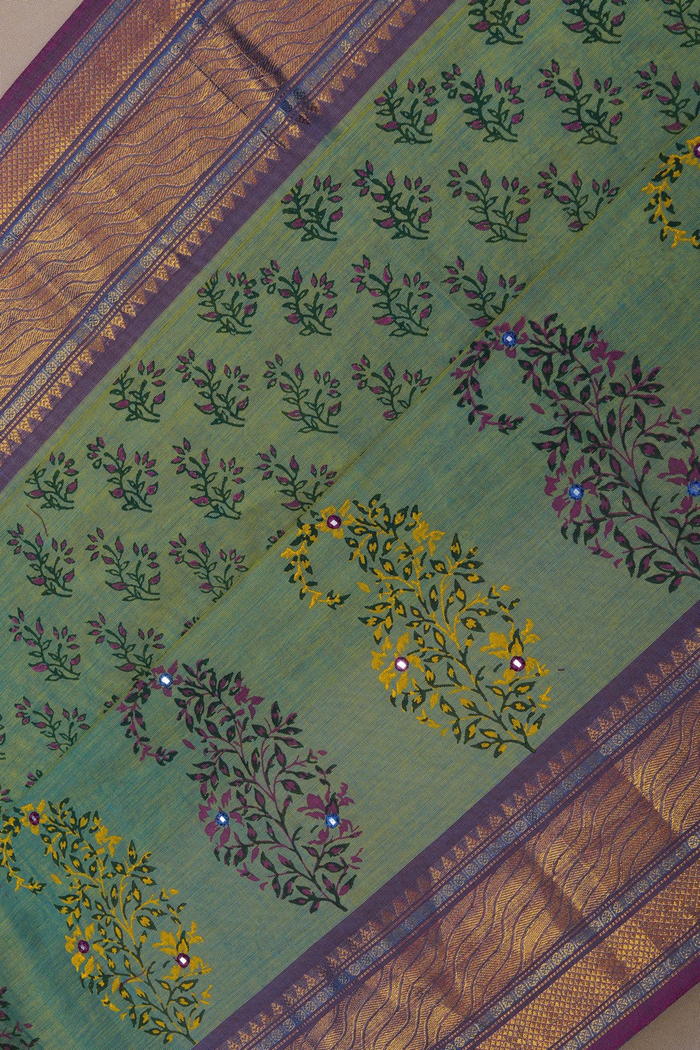 Image of Seaweed Green block printed south cotton saree