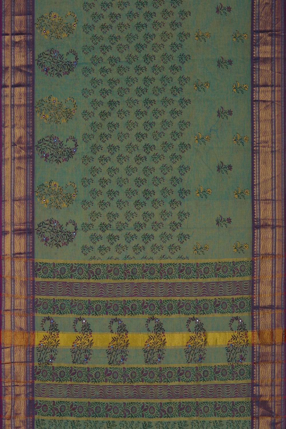 Image of Seaweed Green block printed south cotton saree