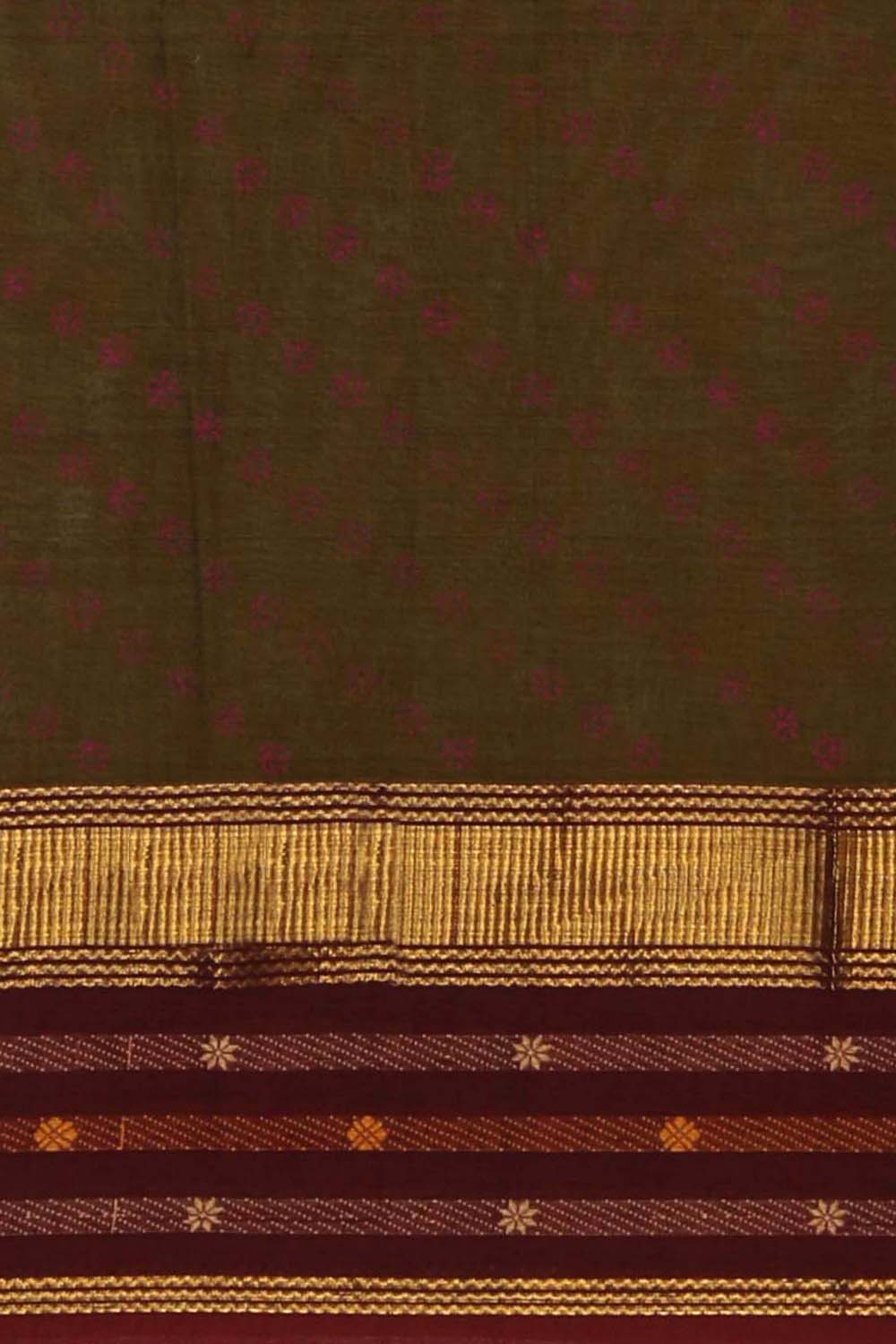 Image of Olive brown block printed south cotton saree