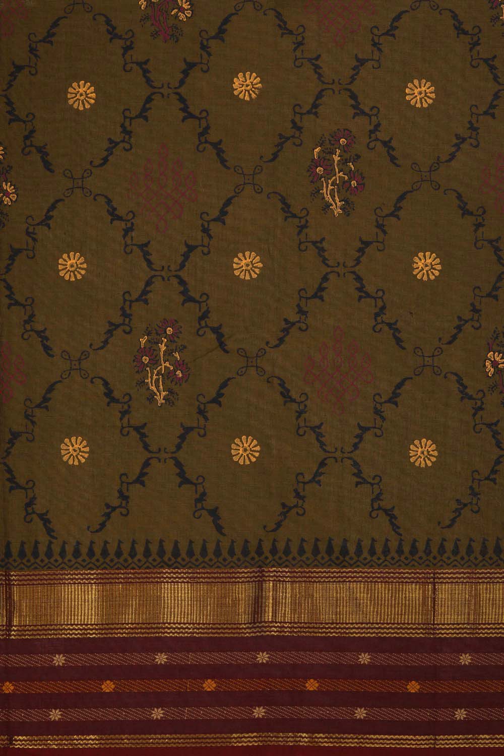 Image of Olive brown block printed south cotton saree