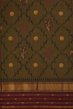 Image of Olive brown block printed south cotton saree
