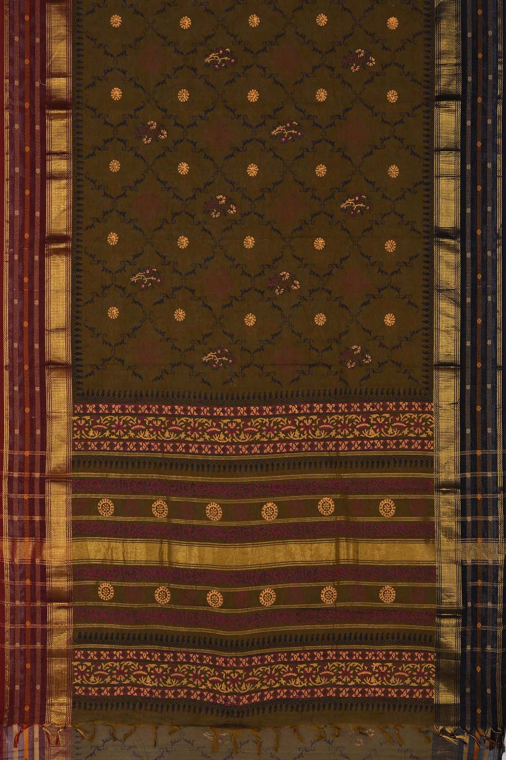 Olive brown block printed south cotton saree