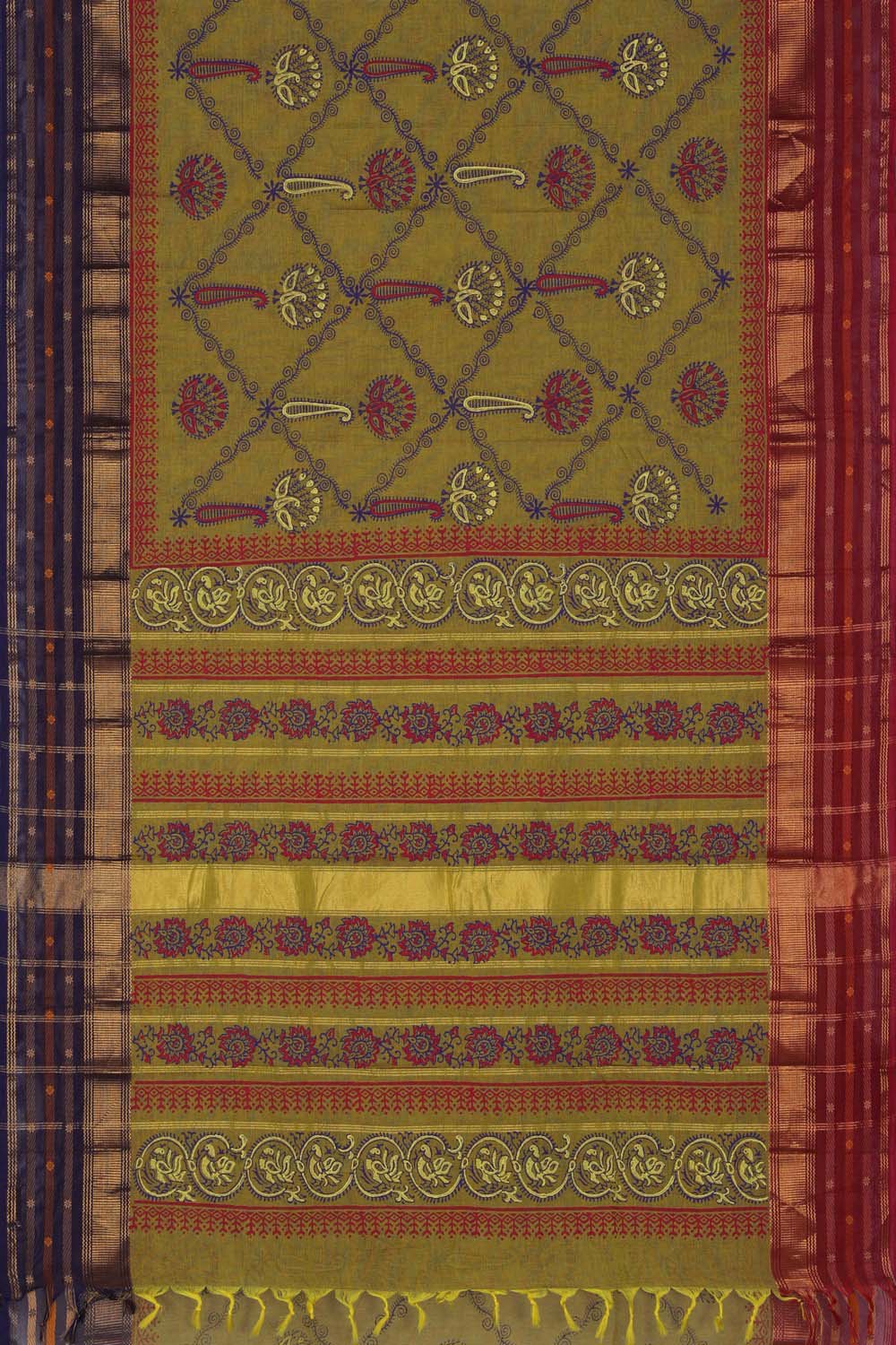 Image of Rich olive Green block printed south cotton saree