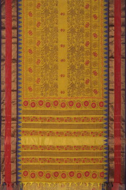 Image of Lime green block printed south cotton saree