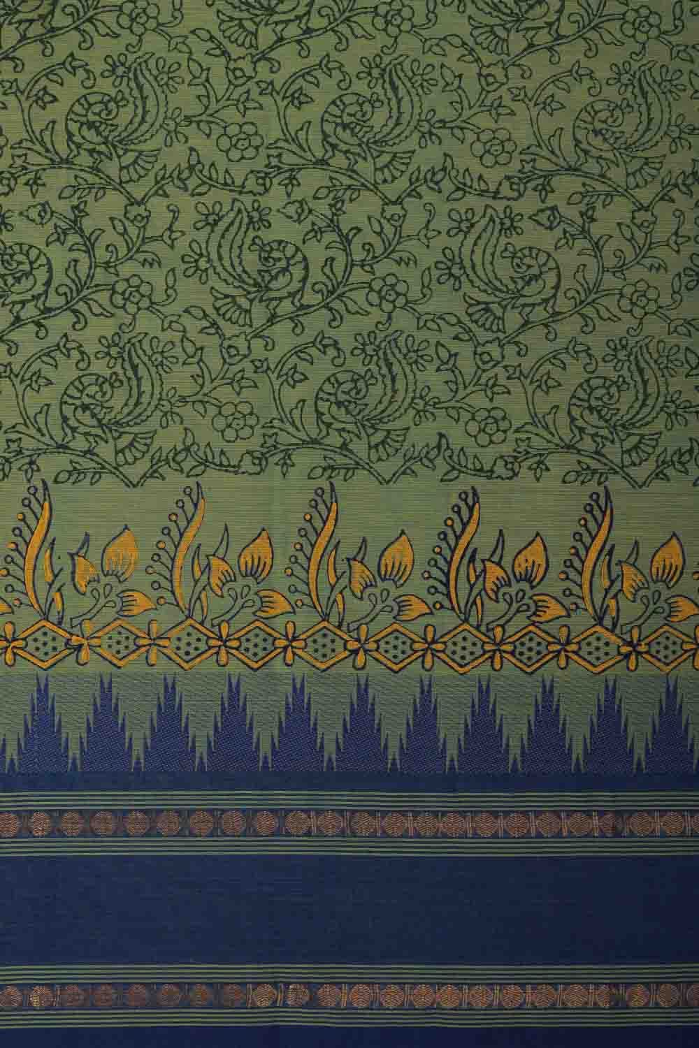 Image of Moss Green block printed south cotton saree