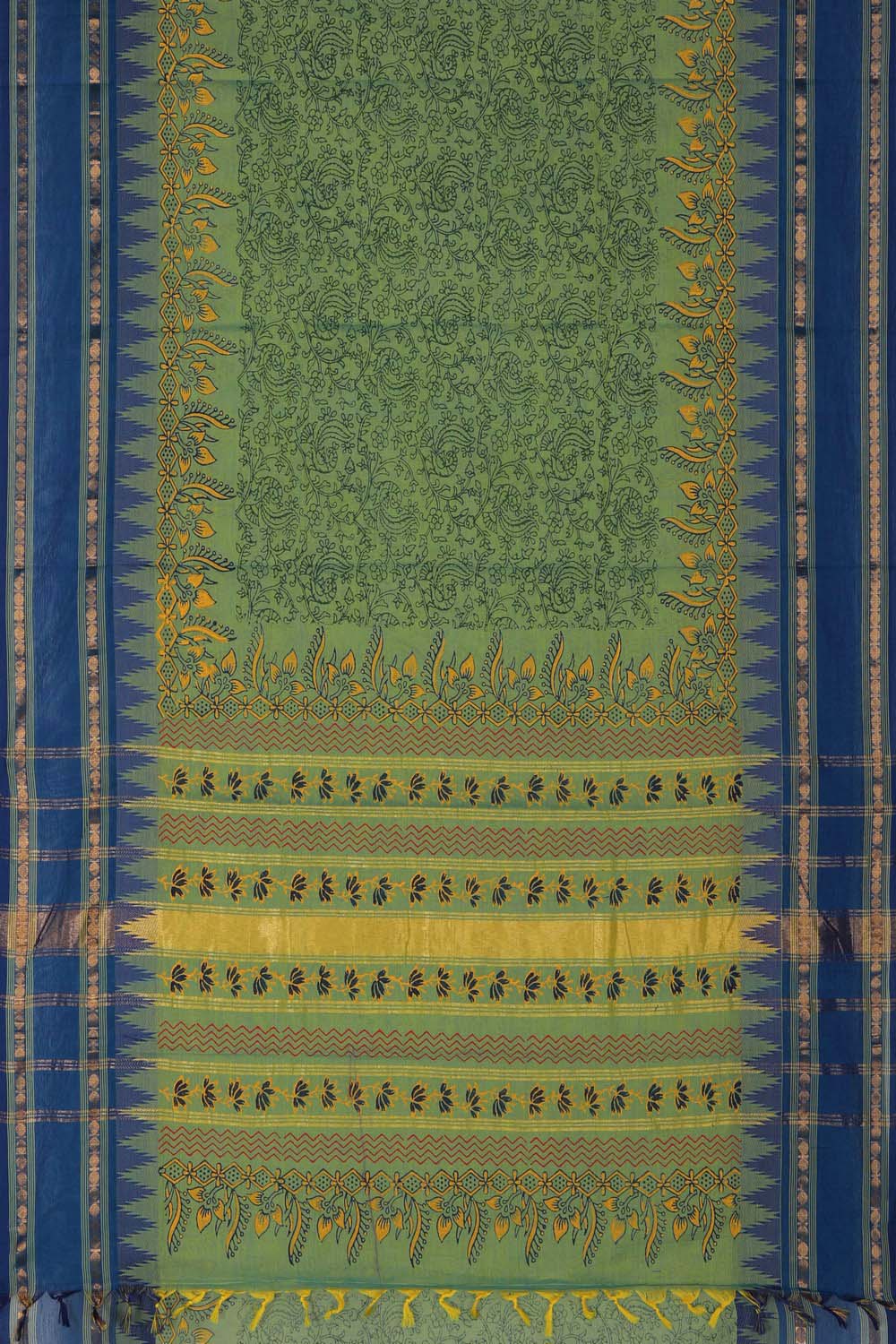 Image of Moss Green block printed south cotton saree