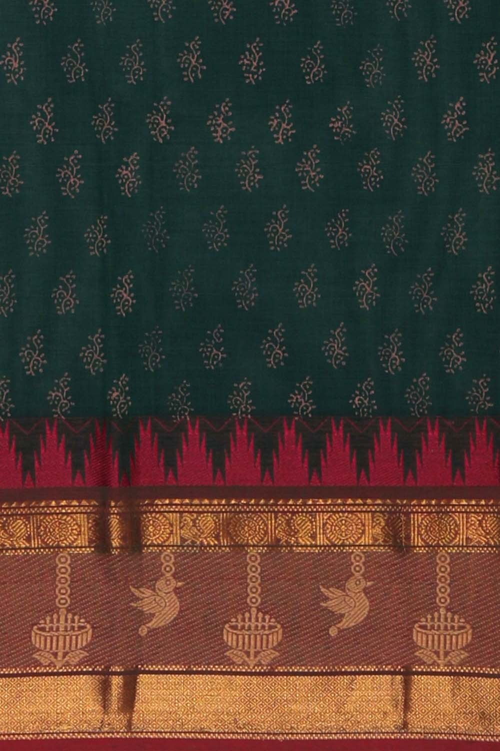 Bottle green diagonal floral Zaal hand block printed south cotton saree