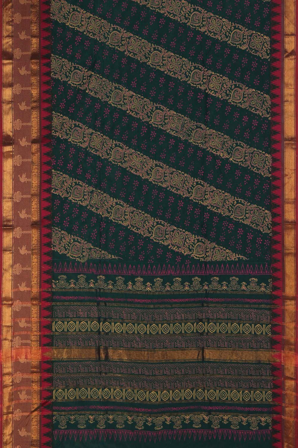 Image of Bottle green diagonal floral Zaal hand block printed south cotton saree