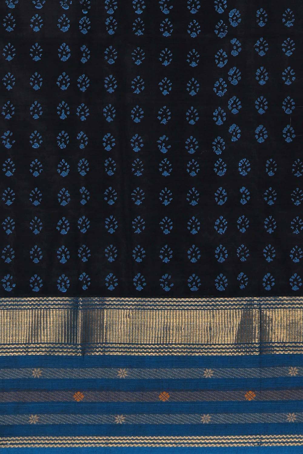 Image of Black Blue sun flower with buti jaal block printed south cotton saree