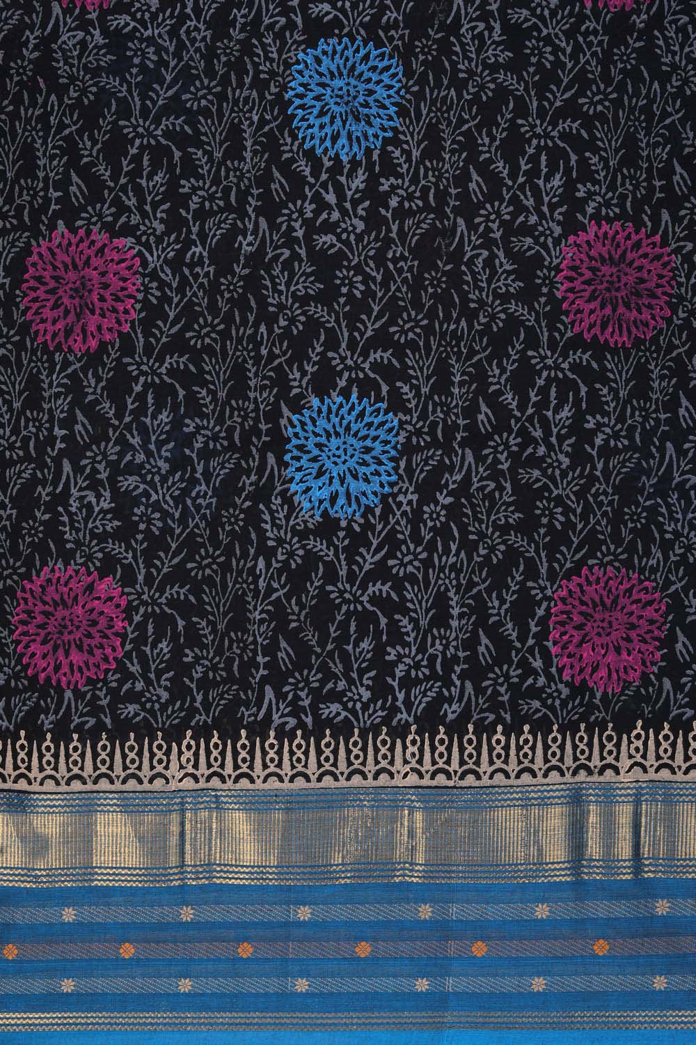 Image of Black Blue sun flower with buti jaal block printed south cotton saree