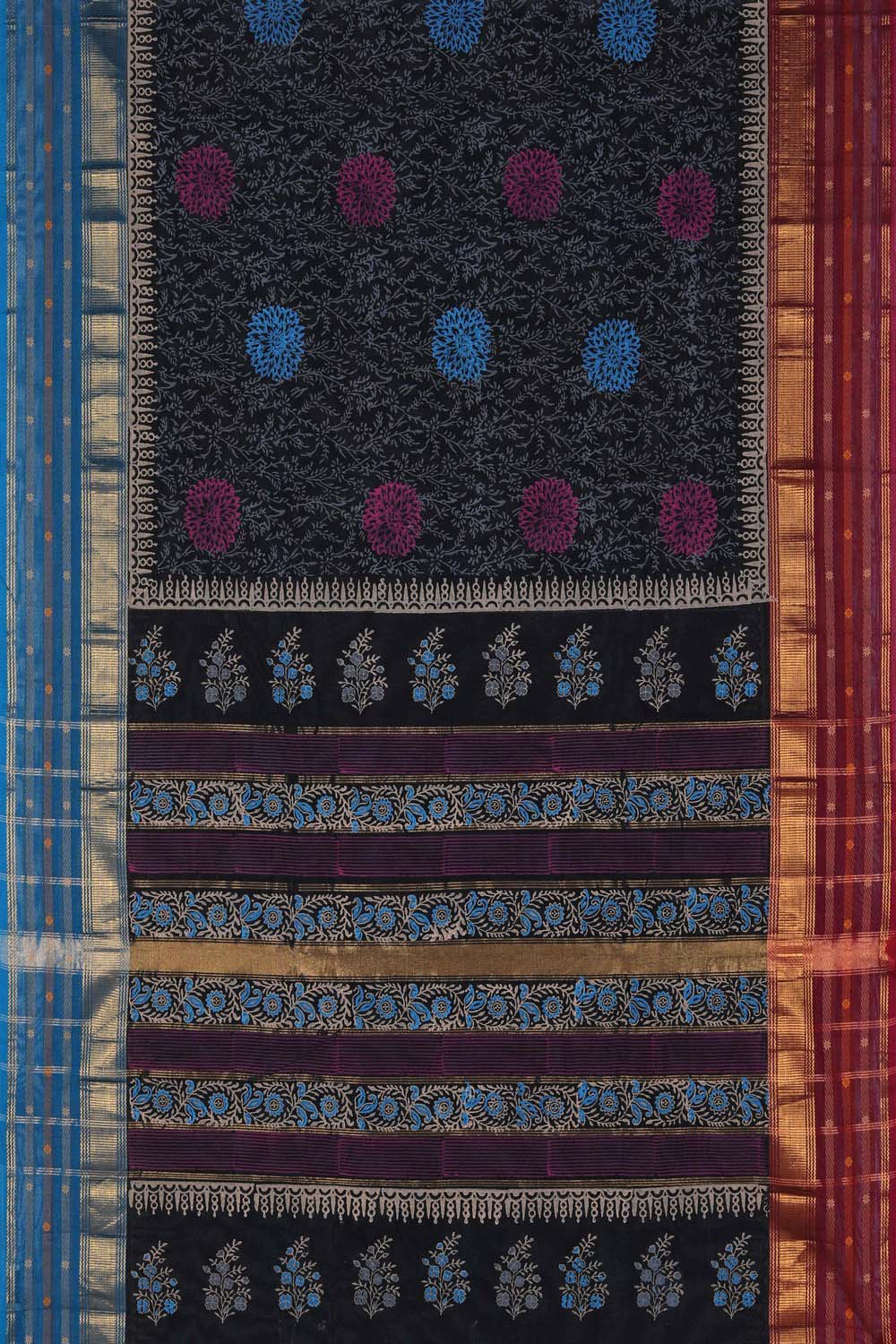 Image of Black Blue sun flower with buti jaal block printed south cotton saree