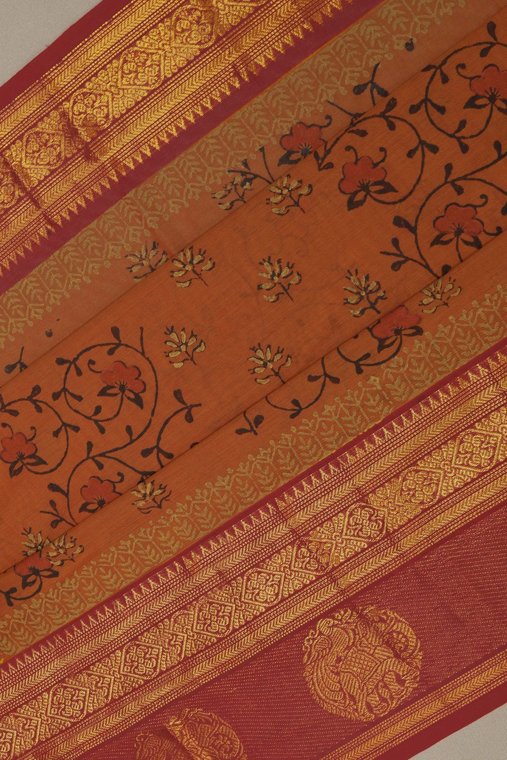 Image of Rust Orange block printed south cotton saree