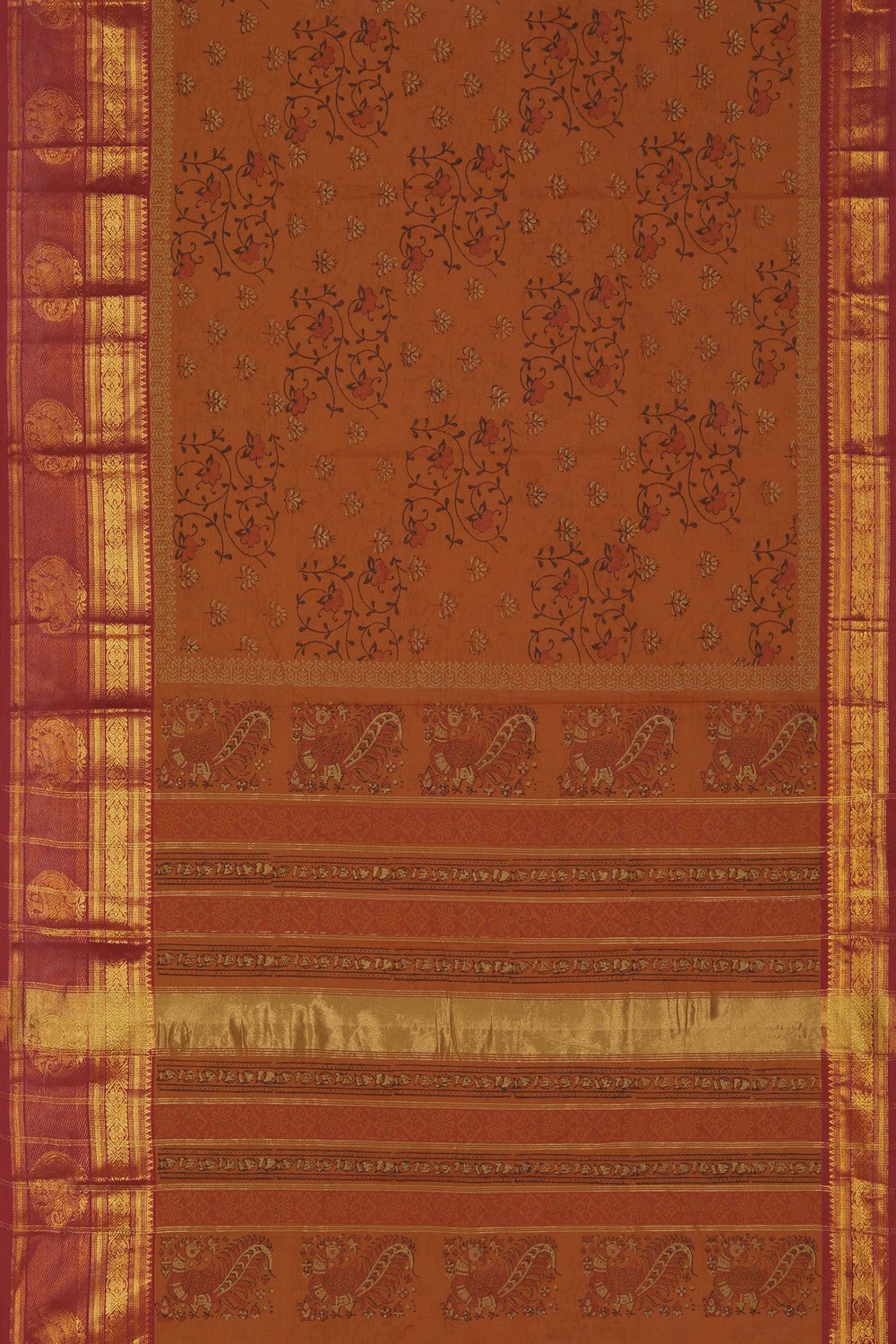 Image of Rust Orange block printed south cotton saree