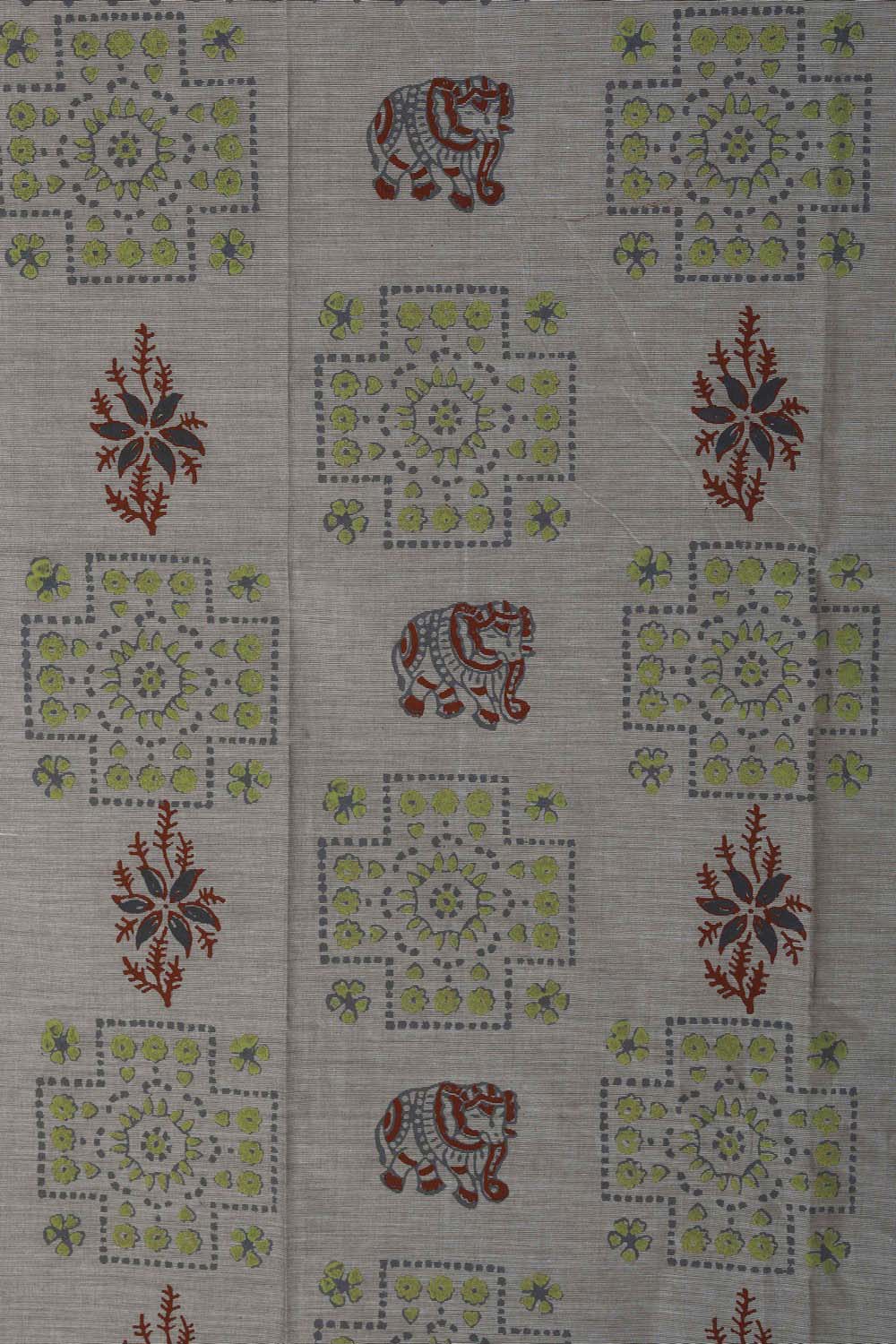 Image of Sage Green block printed south cotton saree
