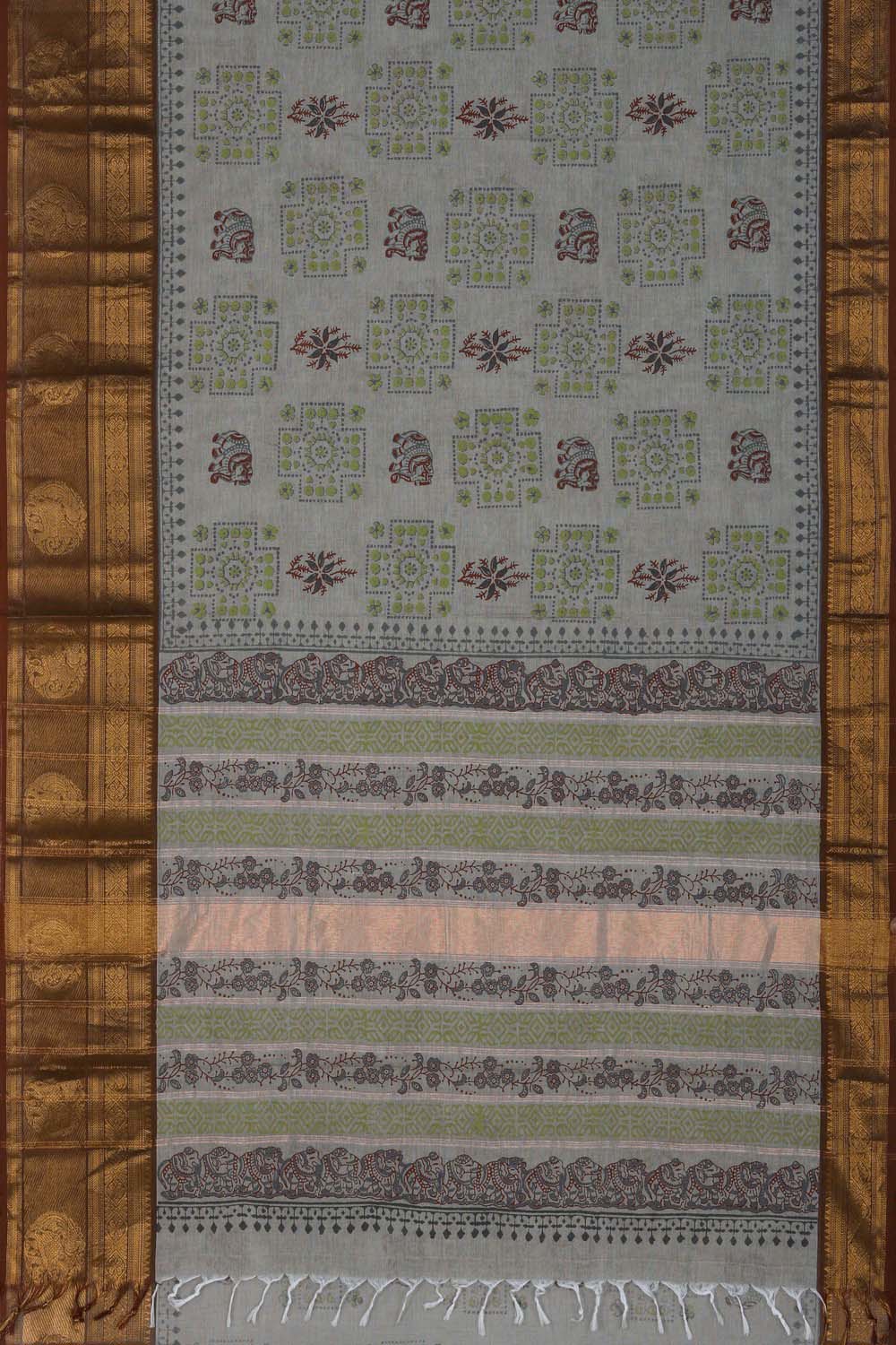 Image of Sage Green block printed south cotton saree