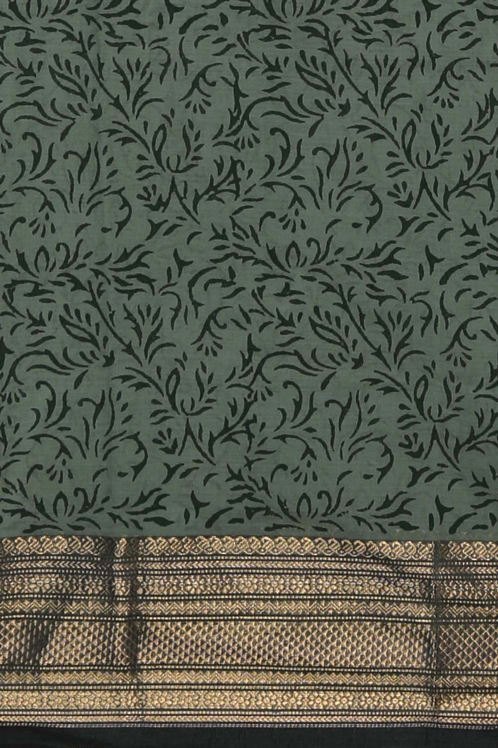 Image of Teal Blue peacock buta with border jaal block printed south cotton saree