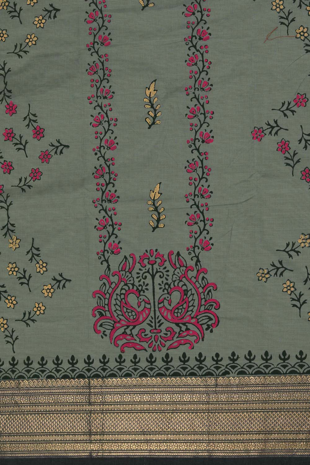 Image of Teal Blue peacock buta with border jaal block printed south cotton saree