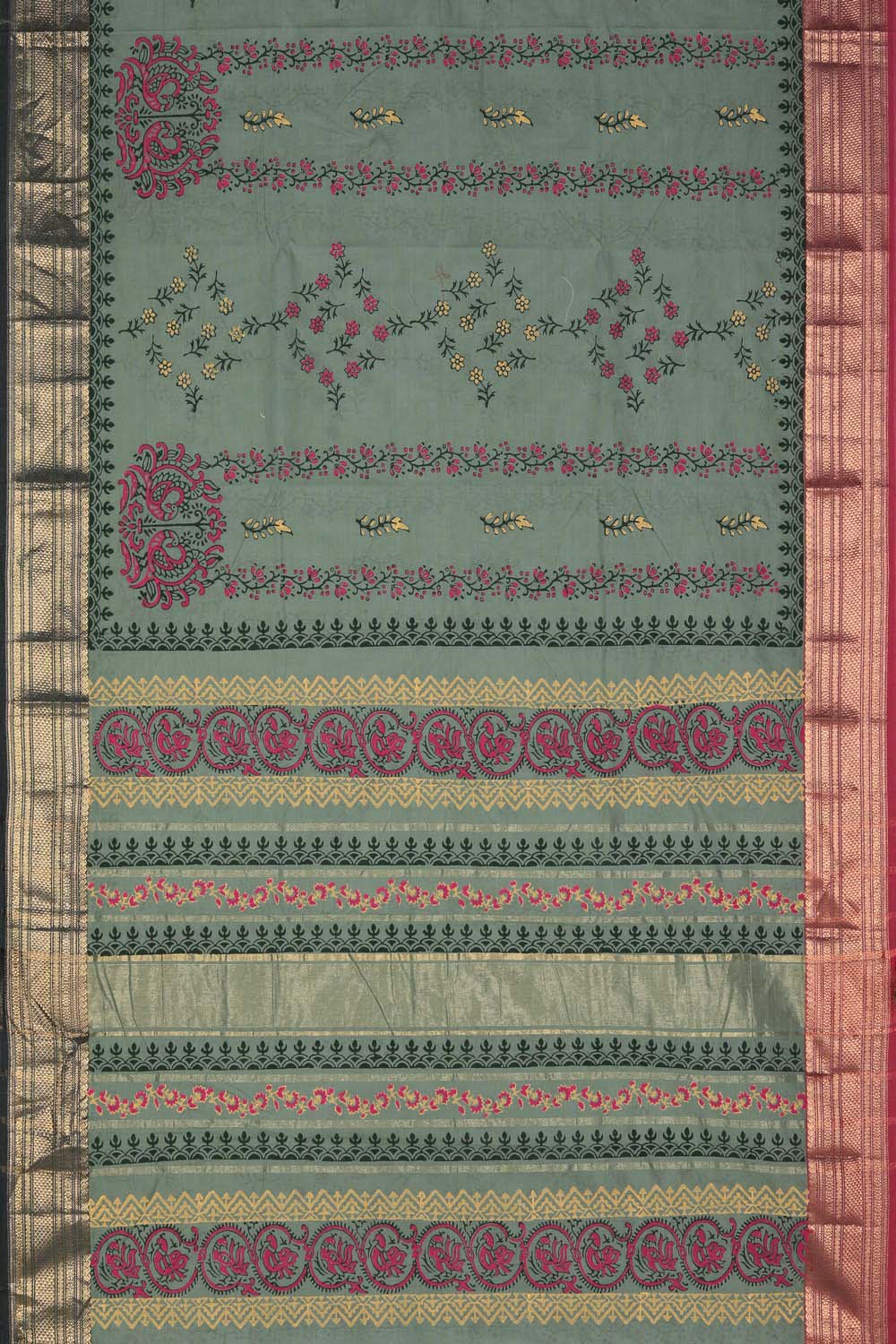 Image of Teal Blue peacock buta with border jaal block printed south cotton saree