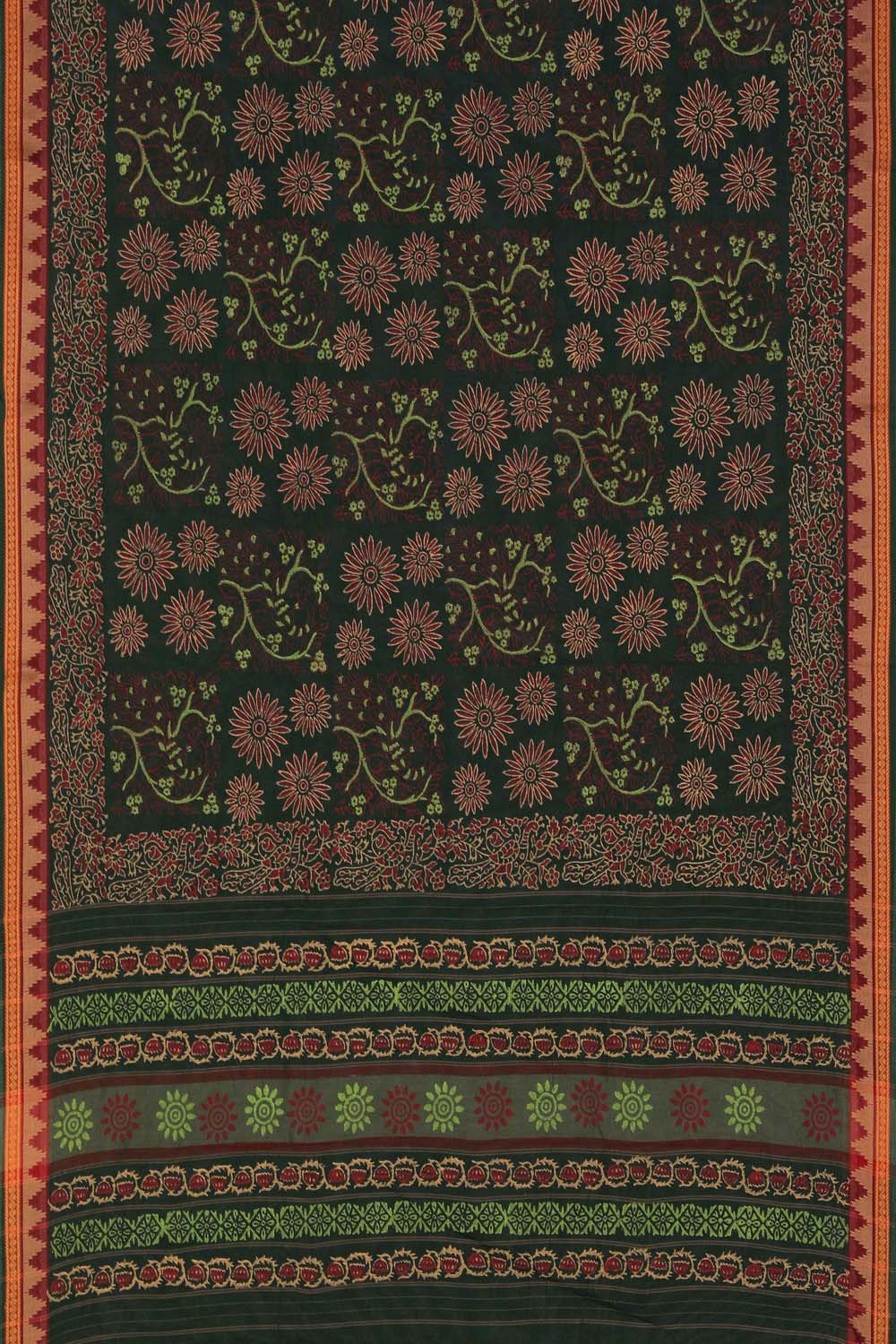 Image of Bottle Green block printed south cotton saree