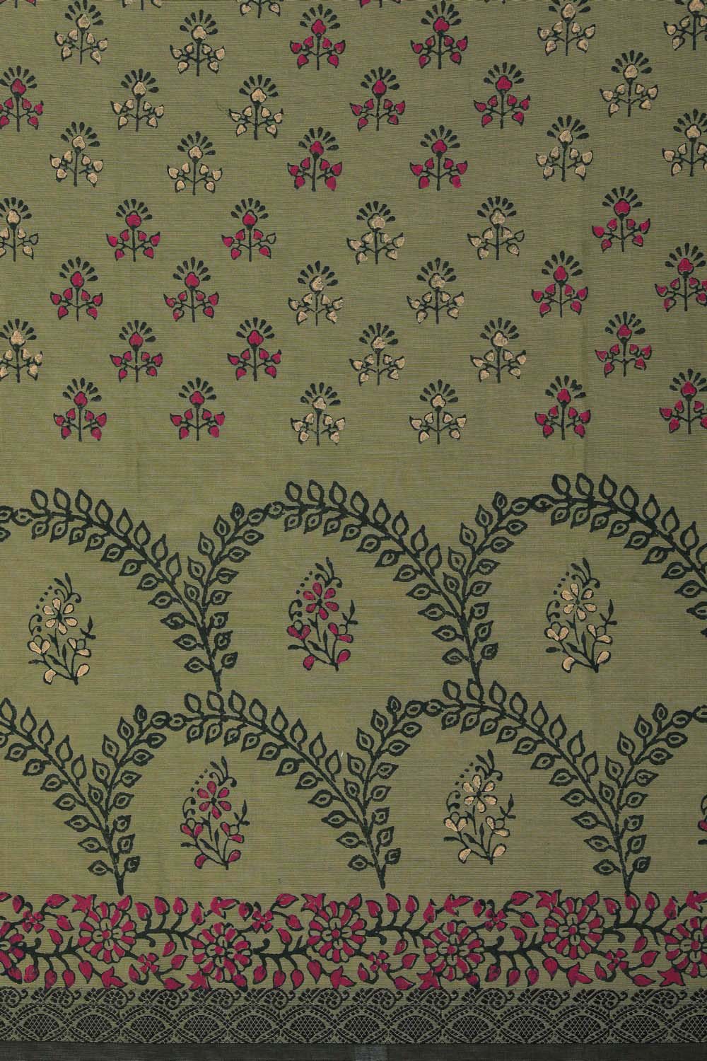 Image of Pistachio Green block printed south cotton saree