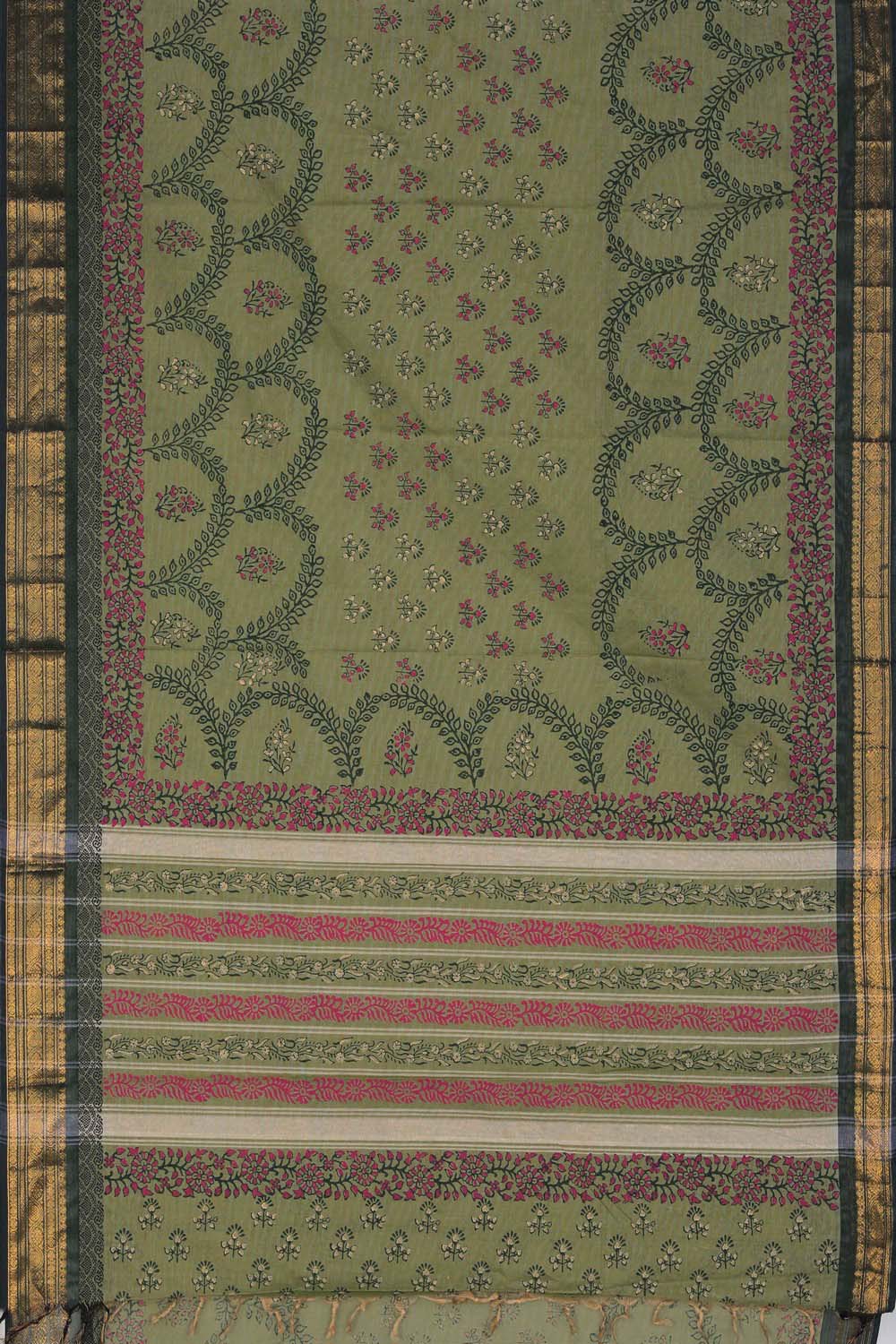 Image of Pistachio Green block printed south cotton saree
