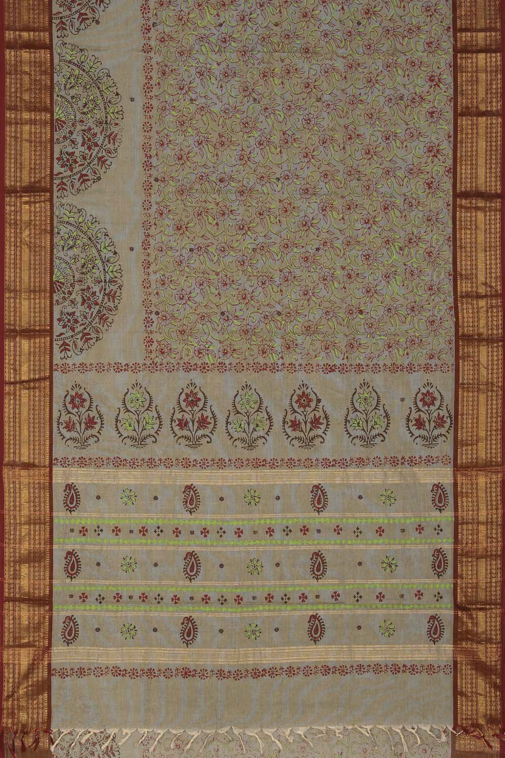 Image of Pista Green floral block printed south cotton Zari border saree