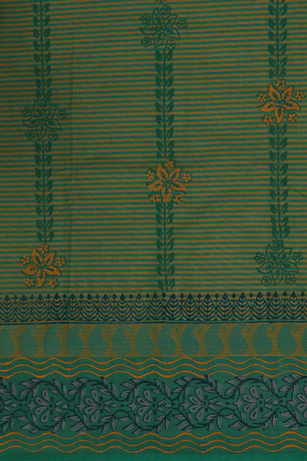 Image of Green stripes body with floral buti printed south cotton saree