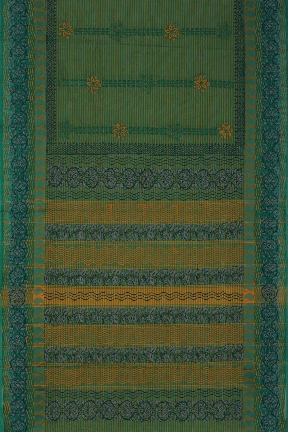 Image of Green stripes body with floral buti printed south cotton saree