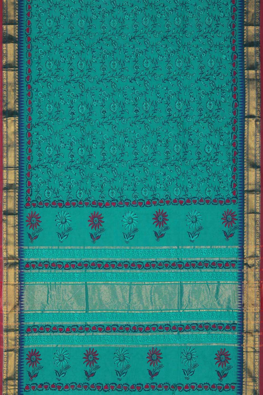 Image of Teal Green floral block printed south cotton saree