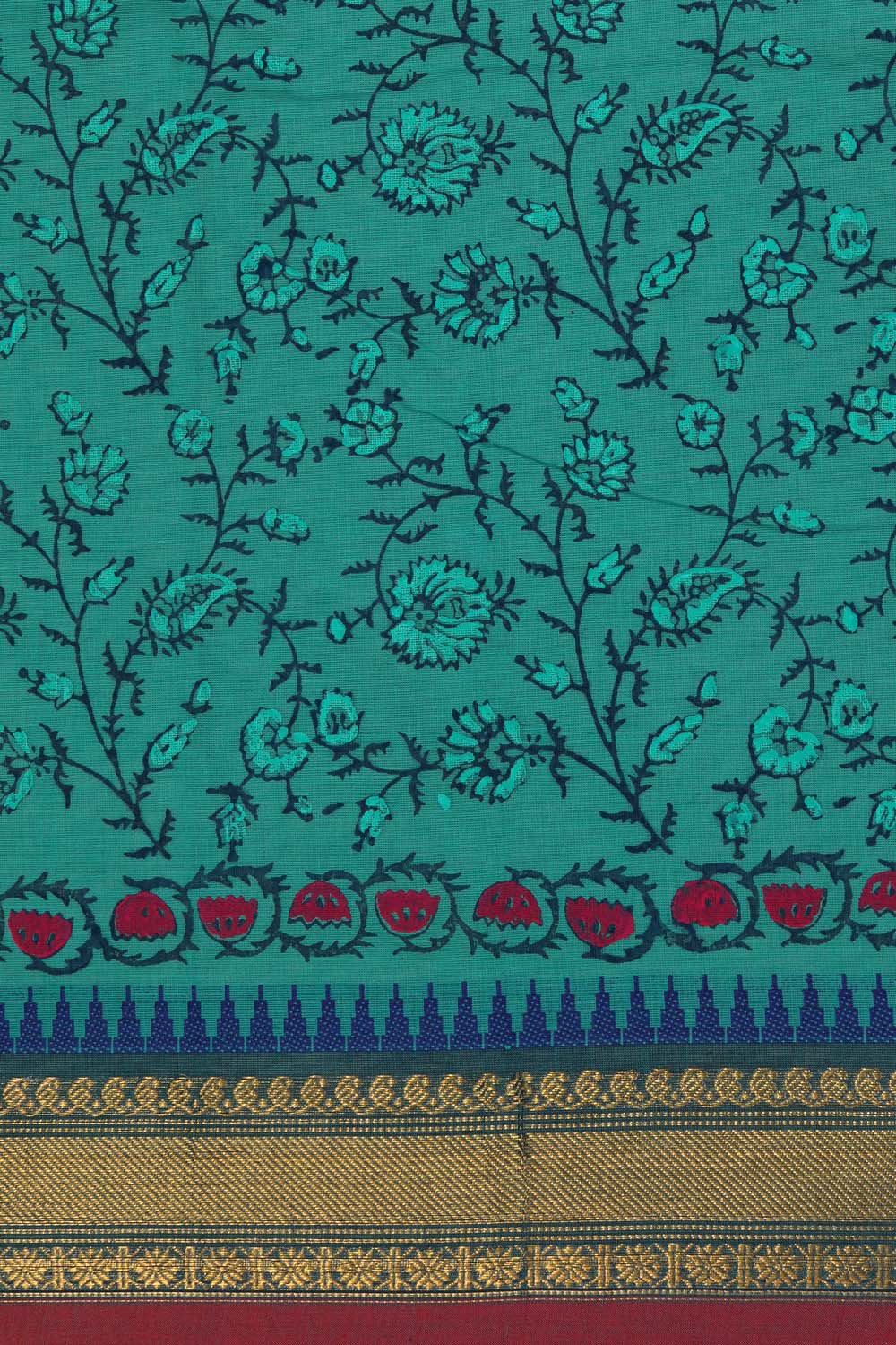 Image of Teal Green floral block printed south cotton saree
