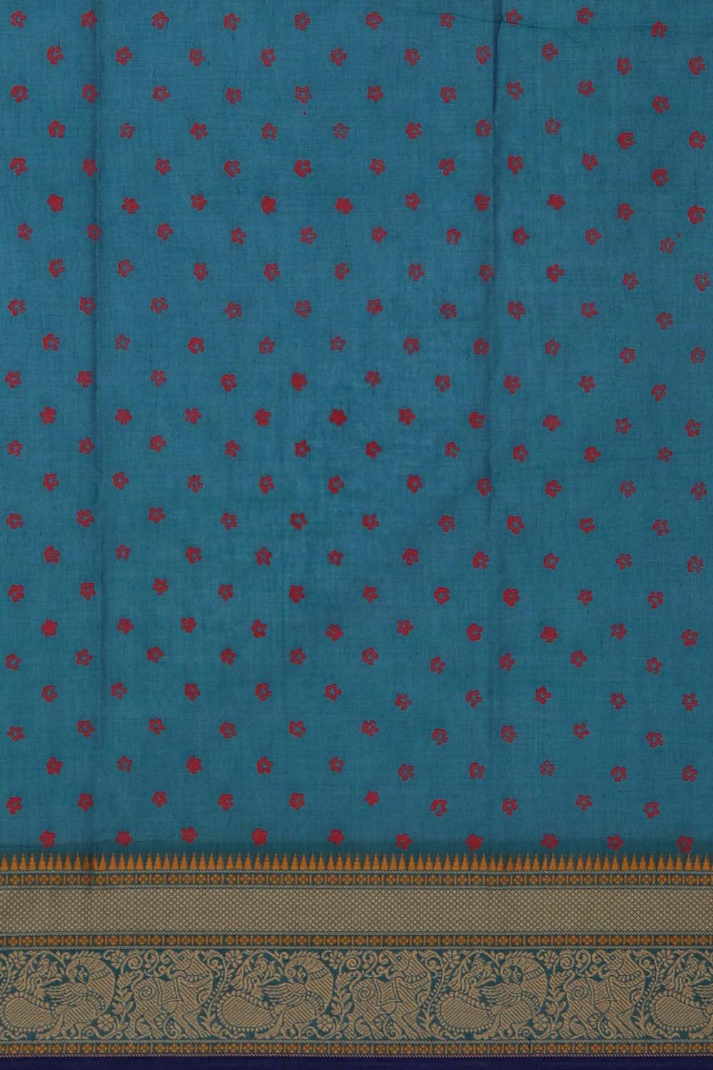 Image of Teal Blue Peacock & Mango buta block printed south cotton saree