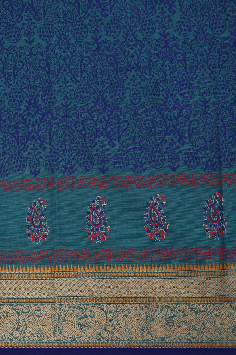 Image of Teal Blue Peacock & Mango buta block printed south cotton saree