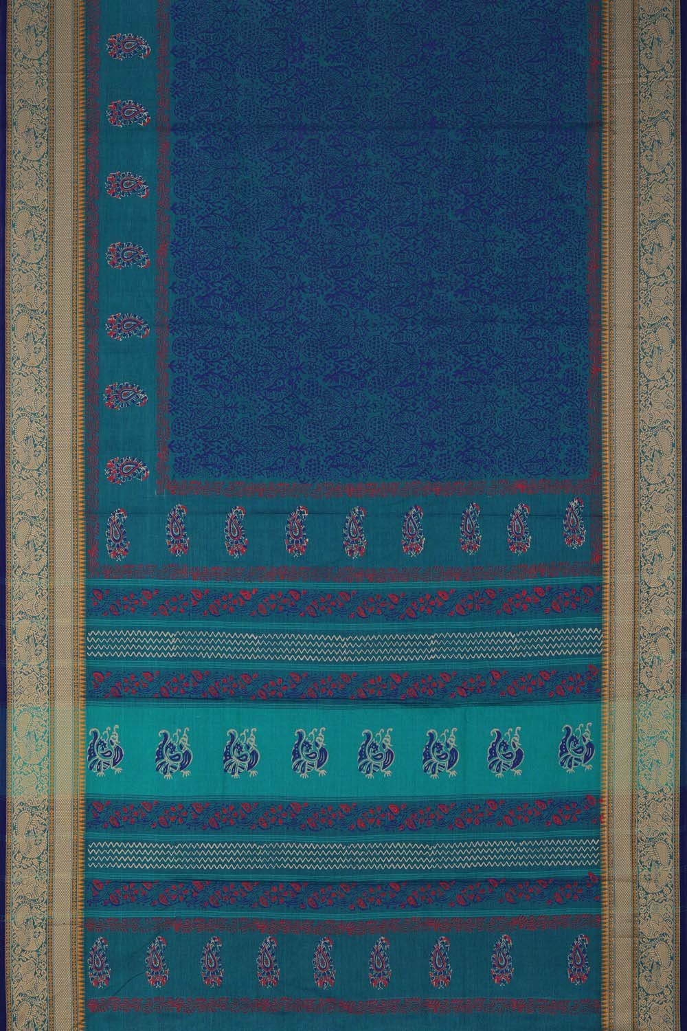 Image of Teal Blue Peacock & Mango buta block printed south cotton saree