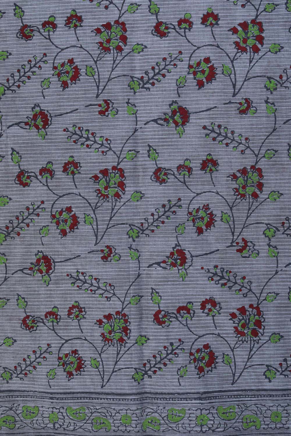 Image of Grey floral block printed south cotton saree