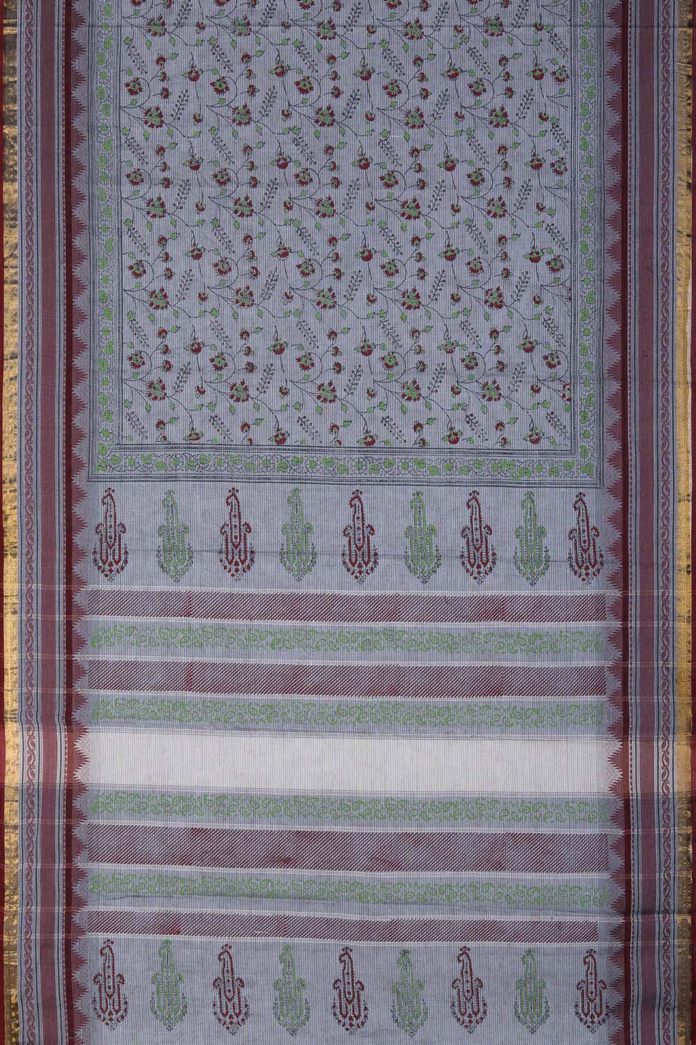 Image of Grey floral block printed south cotton saree