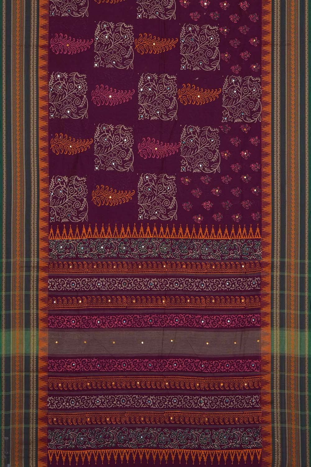 Image of Dark Purple paisley buta  block printed cotton saree