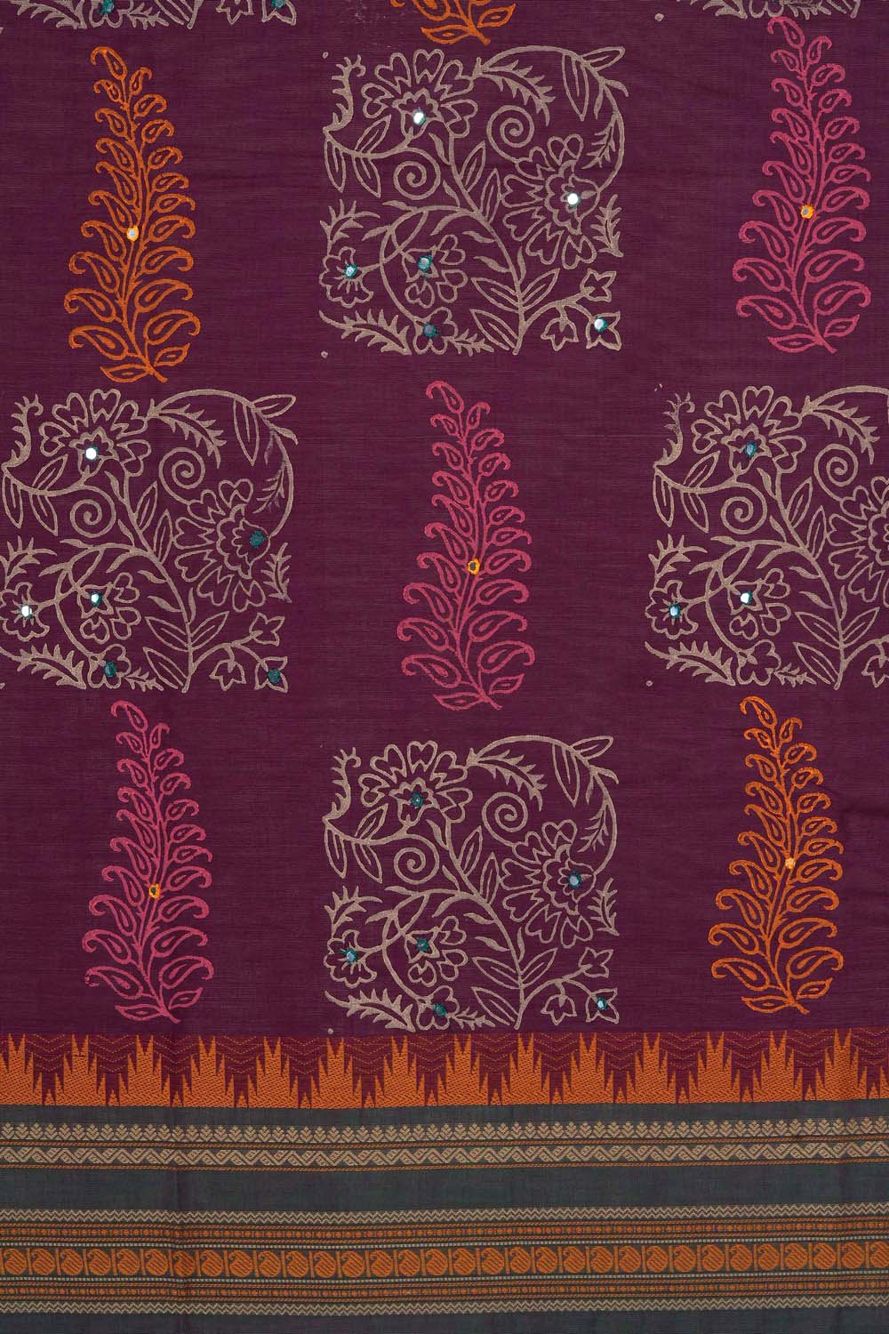 Image of Dark Purple paisley buta  block printed cotton saree