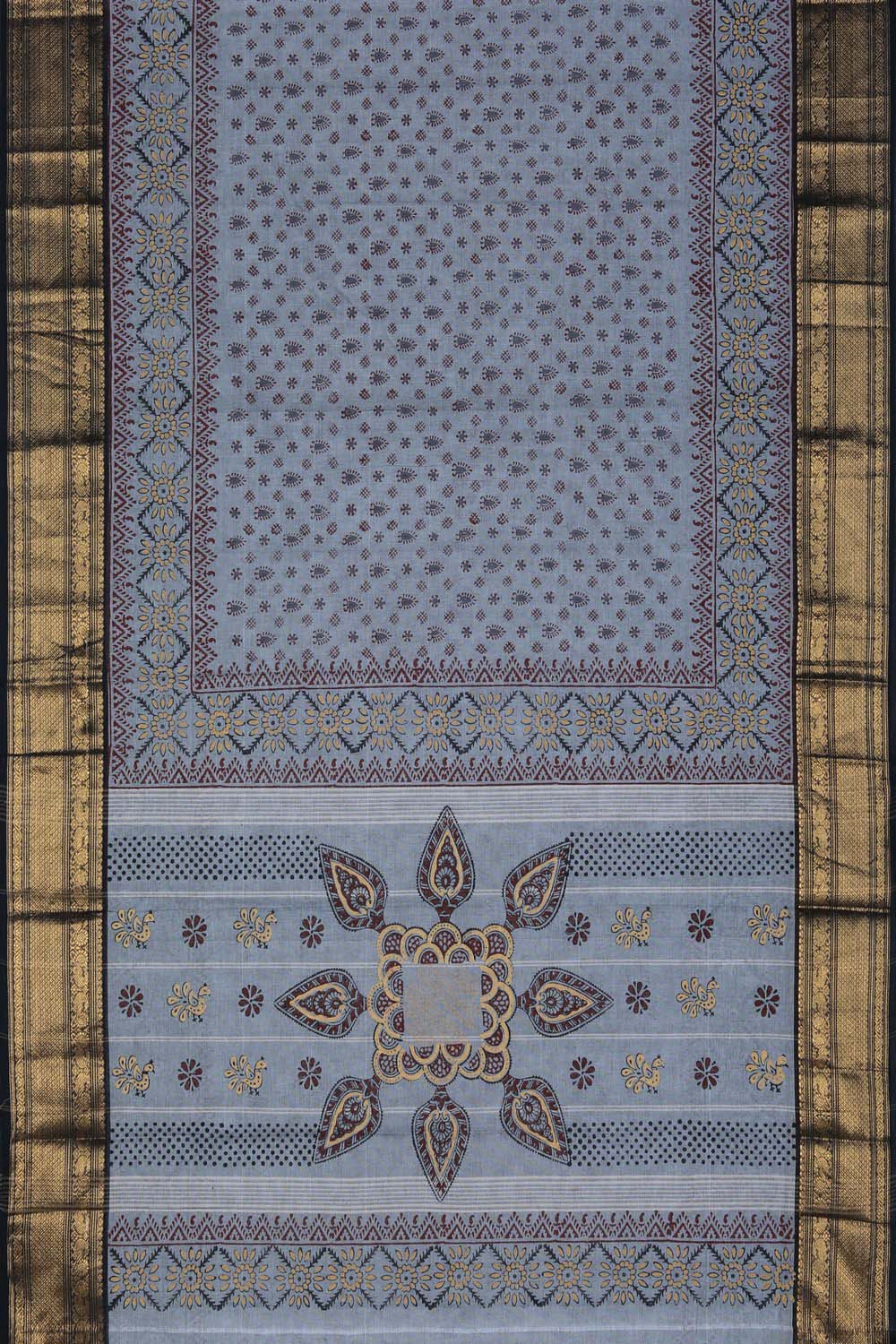 Image of Grey block  printed south cotton saree