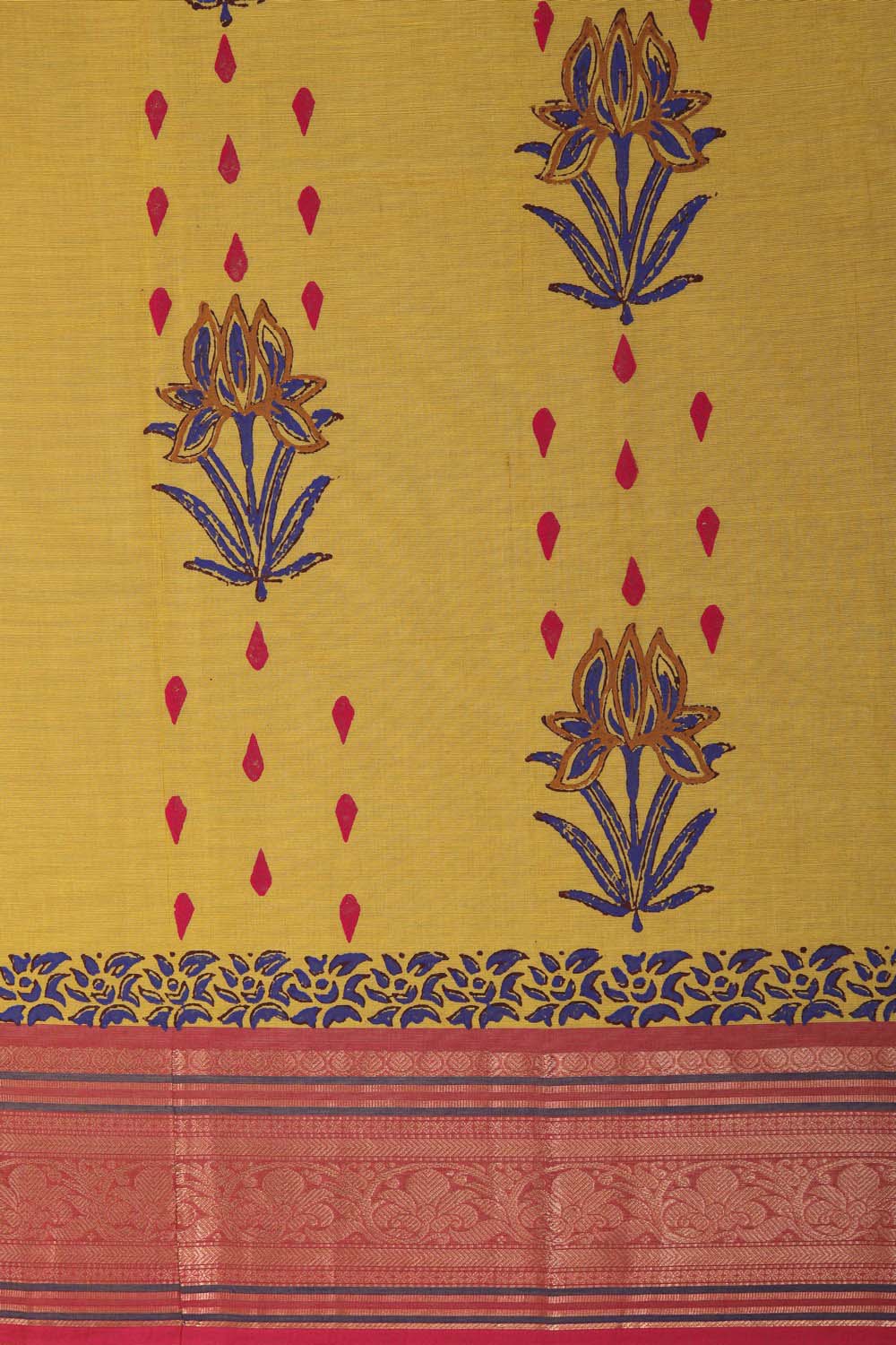 Image of Mustard Yellow block printed south cotton saree