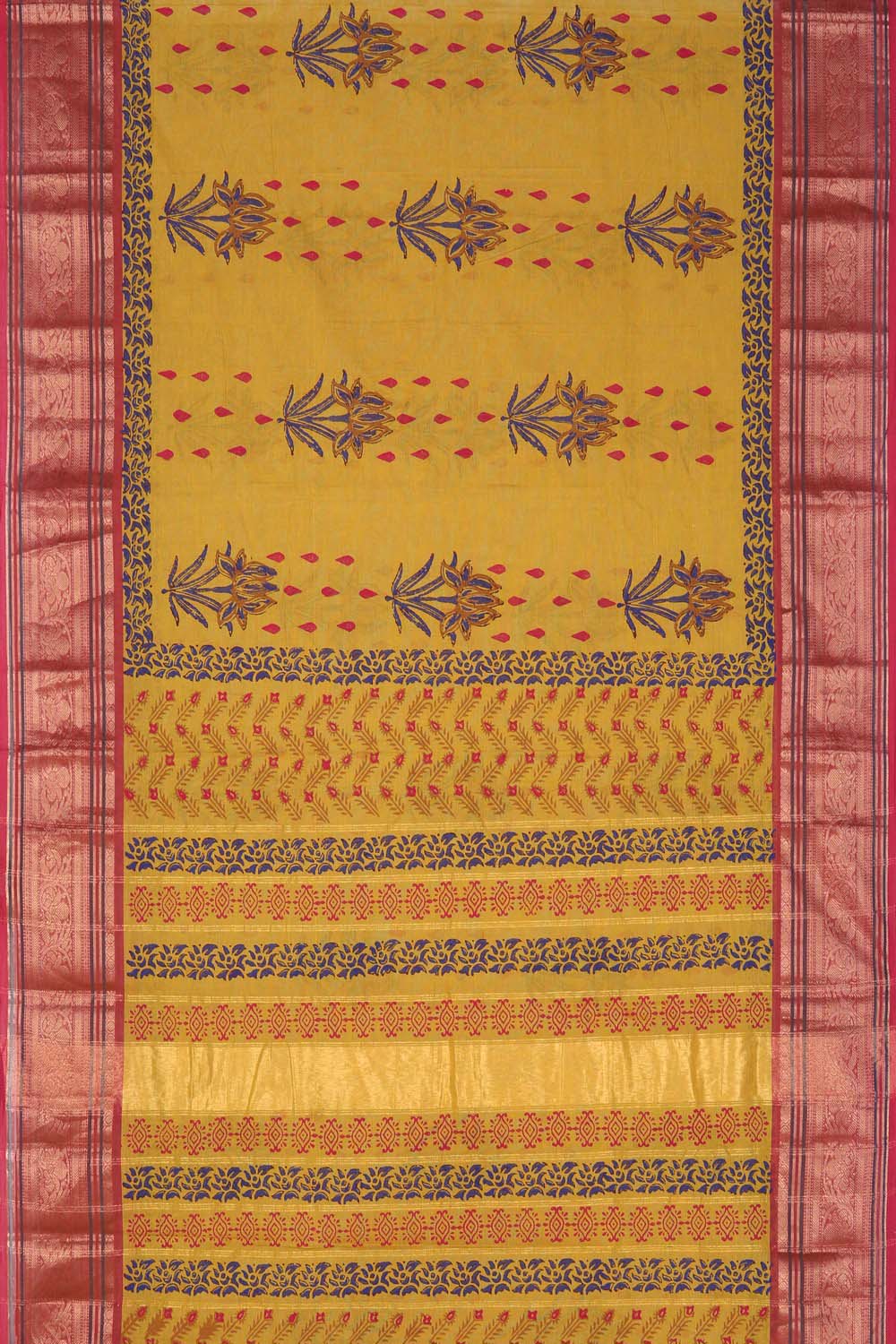 Image of Mustard Yellow block printed south cotton saree