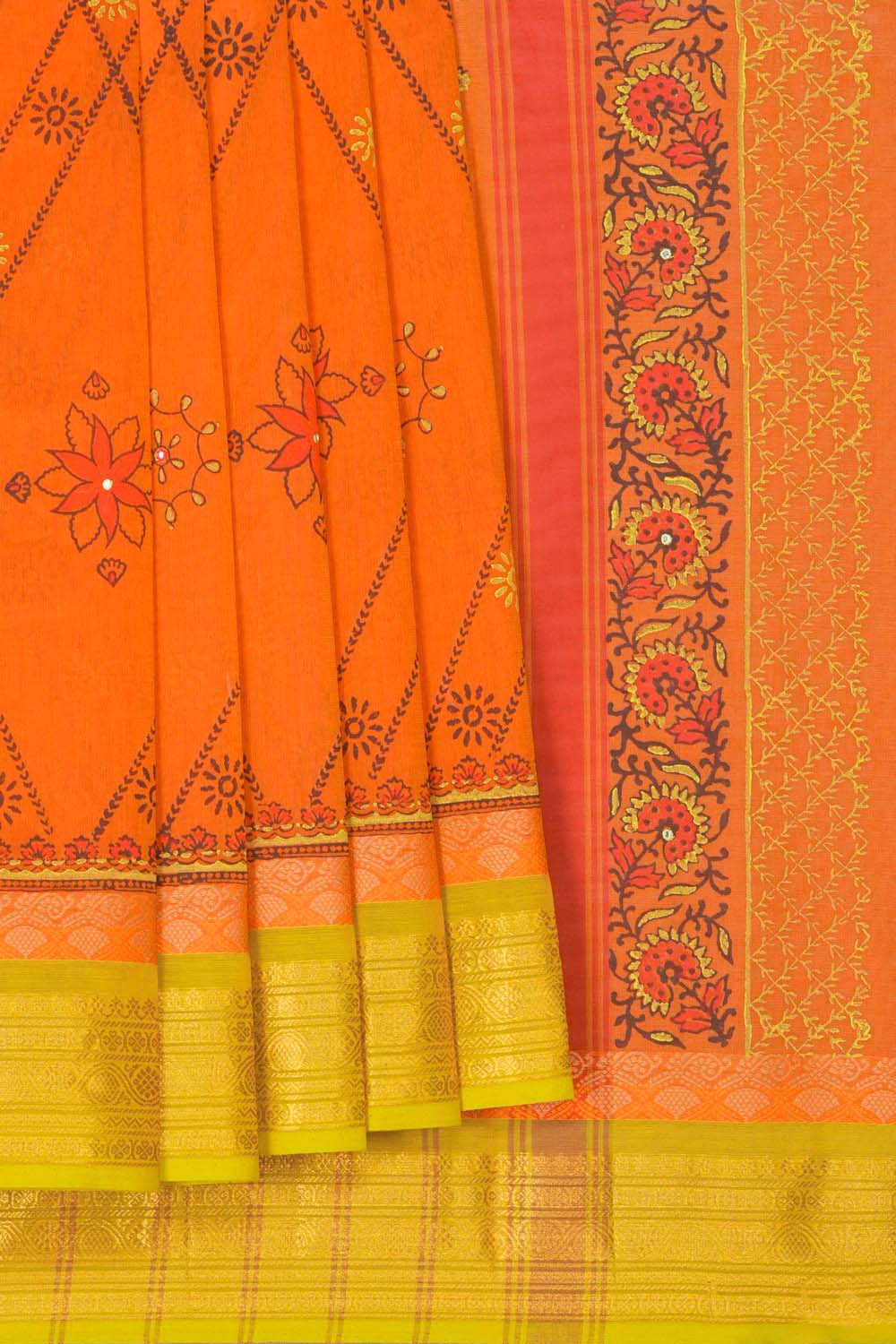 Image of Orange traditional block printed south cotton saree