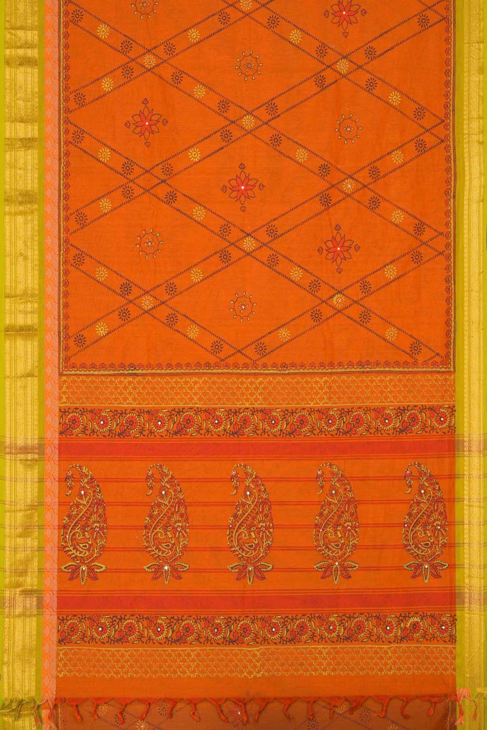 Image of Orange traditional block printed south cotton saree