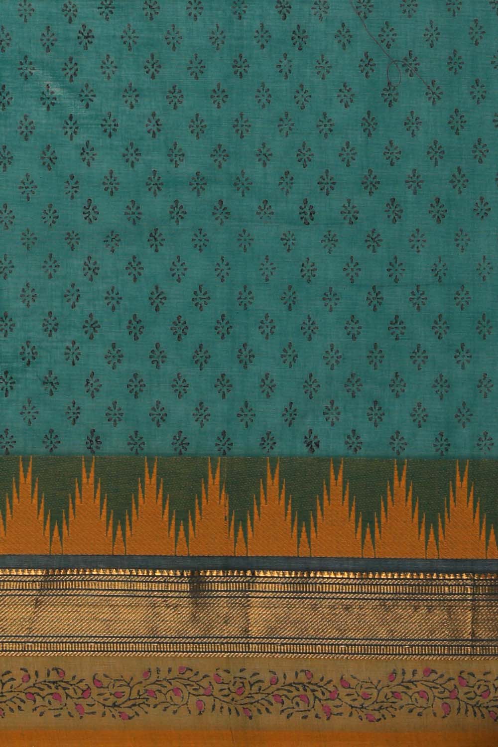 Image of Dark Green traditional block printed south cotton saree
